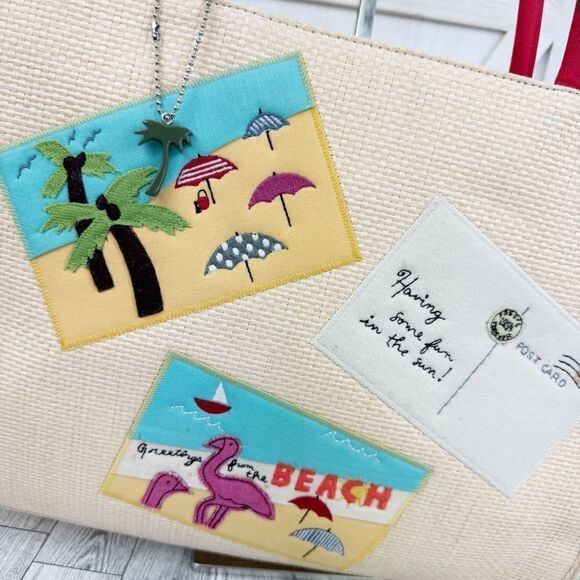 Fossil Forever Faux Straw Beach Vacation Tote Shoulder Bag Large Cream Red - Picture 5 of 12